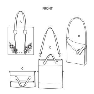 May include: Line drawing of four different tote bag designs. One tote bag has floral embroidery. Another is a crossbody bag. The third has a shoulder strap and handles. The fourth has a top handle and a front pocket.