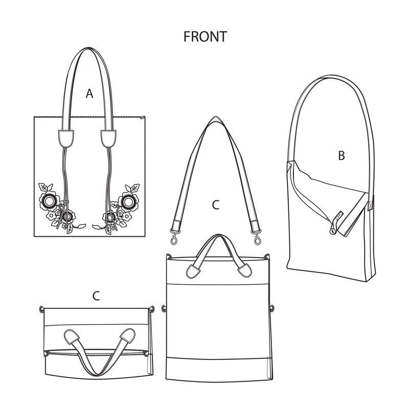 May include: Line drawing of four different tote bag designs. One tote bag has floral embroidery. Another is a crossbody bag. The third has a shoulder strap and handles. The fourth has a top handle and a front pocket.