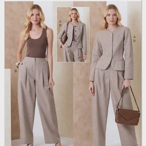 May include: Vogue Patterns sewing pattern featuring a woman in a tan suit with wide-leg pants and a matching jacket. The image includes a brown tank top and a brown handbag. The text "V2166" and "VOGUE PATTERNS" are visible.