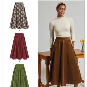 May include: Simplicity sewing pattern S3169 featuring three skirt designs: a plaid skirt, a burgundy skirt, and an olive green skirt. The image also shows a woman wearing a brown corduroy skirt. The pattern is designed and printed in the USA.