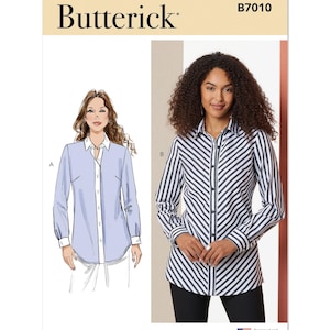 May include: A sewing pattern for a long-sleeved button-down shirt with two different styles. The pattern is from Butterick and the pattern number is B7010. The shirt on the left is a solid light blue color and the shirt on the right is a black and white striped pattern.