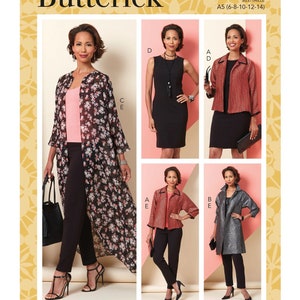 May include: A sewing pattern for women's clothing, featuring four different styles: a long sheer top with floral print, a sleeveless dress, a short jacket with a checkered pattern, and a long jacket with a metallic finish. The pattern is labeled "Butterick B6802" and includes sizes 6-8-10-12-14.