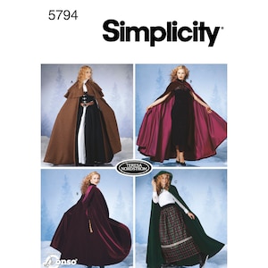 May include: Simplicity sewing pattern featuring various cape designs. The image showcases different styles, including a brown cape with a contrasting white panel, a burgundy cape, and a green hooded cape. The pattern includes the number 5794.
