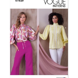 May include: Vogue Patterns sewing pattern for a blouse with two variations. The first variation is a floral print blouse with a tie at the waist. The second variation is a solid yellow blouse with a lace trim. The pattern number is V1939.