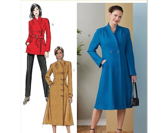May include: A sewing pattern for a coat with three different styles. The pattern is from Butterick and the pattern number is B6917. The coat styles include a red double-breasted coat with a belt, a yellow double-breasted coat with buttons, and a blue double-breasted coat with buttons.