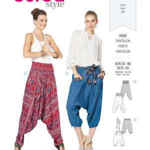 May include: A Burda Style sewing pattern, number 6316, featuring two pairs of harem pants. One pair is red with a paisley design, and the other is blue denim. The pattern includes sizes EUR 32-46 and US 6-20.