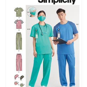 May include: Simplicity sewing pattern S9387 for scrubs. The pattern includes instructions for making a scrub top and pants in green and blue. The pattern also includes instructions for making a scrub cap and face mask.