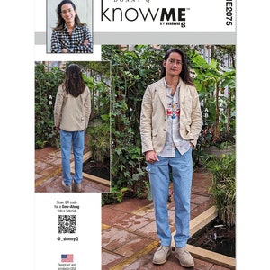 May include: A light blue blazer with a white shirt featuring a floral pattern. The blazer has a button closure and two pockets. The model is wearing light blue pants and brown shoes. The image includes the text "DONNY Q knowME BY mimig ME2075".