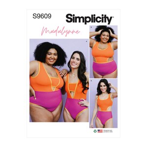 May include: Simplicity sewing pattern S9609 for a Madalynne swimsuit with a high-cut leg and a plunging neckline. The pattern includes three different styles: a classic one-piece, a one-piece with a cutout, and a one-piece with a high-cut leg and a plunging neckline. The pattern is designed and printed in the USA.