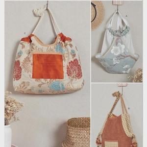 May include: Image of a Simplicity sewing pattern featuring three different tote bags. The bags have various designs, including floral patterns and textured fabrics. The text "easy-to-sew" is visible, indicating the pattern's ease of use.