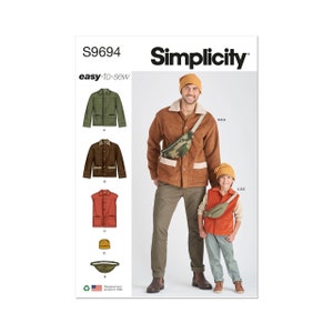 Boys&#39; and Men&#39;s Jacket, Vest, Hat and Crossbody Bag Simplicity Sewing Pattern S9694 Uncut, FF