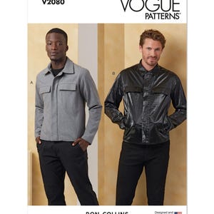May include: Vogue Patterns V2080 sewing pattern for a jacket with two different styles. The pattern is designed and printed in the USA. The jacket on the left is a gray, casual style. The jacket on the right is a black, shiny, more formal style. Both jackets have a button-up front, two flap pockets, and a collar.
