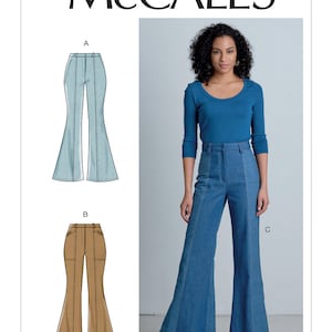 May include: McCall's sewing pattern M8007 featuring flared pants. The image shows a woman wearing denim flare pants and a blue top. The pattern includes illustrations of different pant styles, including light blue and tan options.