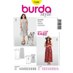 May include: Burda Style sewing pattern number 7100 for a dress. The pattern includes two styles: a short-sleeved dress with a button-up front and a sleeveless maxi dress. The pattern is labeled "super easy" and includes sizes 44 to 60 (European) and 18 to 34 (US).