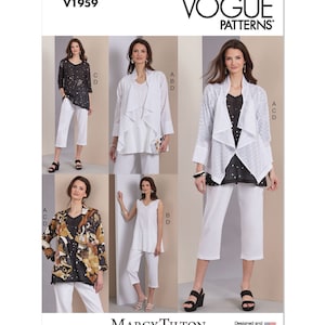 May include: Vogue Patterns sewing pattern V1959 for a white top and pants with a white jacket. The jacket has a draped design and can be made with or without lace. The pants are cropped and have a wide leg.
