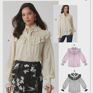 May include: McCall's M8696 sewing pattern for a long-sleeve blouse featuring a high ruffled collar with a tie closure, ruffled yoke detail, and gathered cuffs. Includes illustrations for two variations, A and B, showing different fabric patterns and colors.