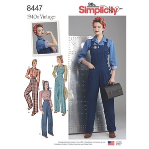 May include: A sewing pattern for a 1940s vintage women's jumpsuit, pants, and blouse. The pattern is from Simplicity and is for sizes 8-20. The pattern includes instructions and diagrams for sewing the garments.