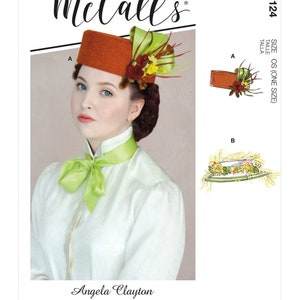 May include: A McCall's sewing pattern for a hat with a brown felt base and green ribbon, decorated with flowers. The pattern is for size OS (one size).