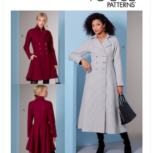 May include: Vogue Patterns V1837 sewing pattern for a double-breasted coat with a flared skirt. The pattern includes two variations: a red coat and a black and white checkered coat.