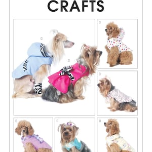 May include: A McCall's Crafts pattern for making dog clothes. The pattern includes six different designs for dog coats, including a blue hooded coat, a pink coat with a bow, a polka dot coat, a leopard print coat, a purple coat with a scarf, and a blue and white coat.
