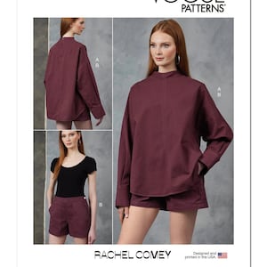 May include: A sewing pattern for a loose-fitting, collared shirt and shorts. The pattern is by Rachel Comey and is designed and printed in the USA. The pattern is for sizes A and B.