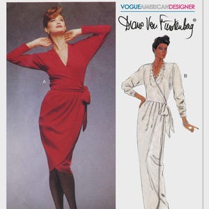 May include: Vogue Patterns sewing pattern featuring a red wrap dress and a white wrap dress design. The pattern includes a V-neckline and a tie closure. The Vogue American Designer is Diane Von Furstenberg. The pattern is designed and printed in the USA.