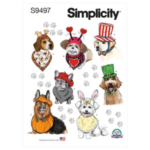 May include: A Simplicity sewing pattern for dog costumes, featuring illustrations of seven dogs wearing various costumes, including a reindeer, a ladybug, a patriotic hat, a leprechaun hat, a pumpkin, a bunny, and a beret. The pattern number is S9497.