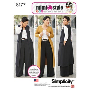 May include: A sewing pattern for a long vest with a white top and wide-legged pants. The pattern is from Simplicity and is part of the Mimi G Style collection. The pattern number is 8177.