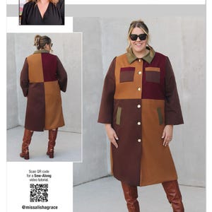 May include: A color-blocked coat sewing pattern with a woman wearing the finished garment. The coat features a patchwork design in shades of brown, burgundy, and tan, with a green collar and pocket accents. The pattern is labeled "knowME" by Mimi G.
