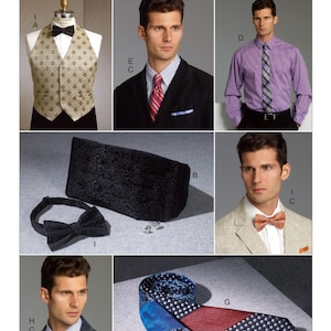 May include: A collage of images showing different men's fashion accessories, including a vest, bow tie, tie, and a clutch. The text "V9073 VOGUE PATTERNS" is at the top of the image.