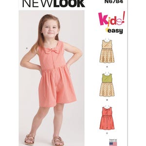 May include: New Look Kids! Easy sewing pattern N6784 for a sleeveless dress with a bow. The pattern includes three variations: a dress with a floral print, a dress with a green bodice and floral skirt, and a dress with a bow.
