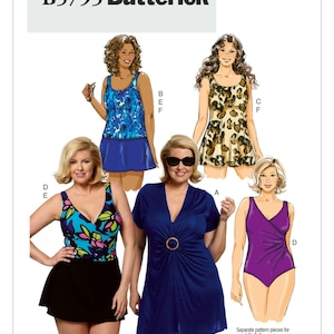 May include: A sewing pattern for four different swimsuit styles. The pattern includes a blue and white floral print swimsuit, a blue solid swimsuit, a purple solid swimsuit, and a leopard print swimsuit. The pattern is for sizes A/B, C, and D cup.