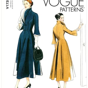 May include: A vintage Vogue sewing pattern for a long coat with a high collar and a flared skirt. The pattern is for sizes 6-8-10-12-14 and is a reissue from circa 1948.
