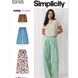 May include: Simplicity sewing pattern S3105, easy-to-sew, for wide-leg pants with a variety of styles. The pattern includes three different styles: a pair of brown shorts, a pair of blue wide-leg pants, and a pair of floral wide-leg pants. The pattern also includes a model wearing a pair of green wide-leg pants.