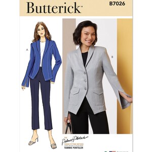 May include: A sewing pattern for a blazer with a long, pointed hemline and a single button closure. The pattern is from Butterick and is designed by Palmer Pletsch. The pattern number is B7026.