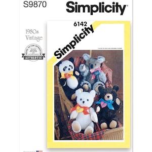 May include: Vintage Simplicity sewing pattern 6142 for making four stuffed animals: a panda, a koala, a polar bear, and a black bear. The pattern includes instructions for heart and embroidery details.