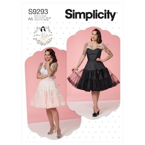 May include: Simplicity sewing pattern S9293 for a skirt with a tulle underskirt. The pattern includes two views: a black skirt with a bow and a pink tulle underskirt. The pattern is for sizes US 6-14, EU 32-40, and FR 34-42.