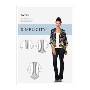 May include: A sewing pattern for a kimono-style cardigan with a long, flowing back. The pattern is for sizes XXS-XXL and includes instructions for three different styles. The pattern is from Simplicity.