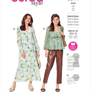May include: A sewing pattern for a dress and blouse with a green and white floral print. The pattern is from Burda Style and is labeled as easy to sew. The pattern includes sizes US 8-18 and EUR 34-44.