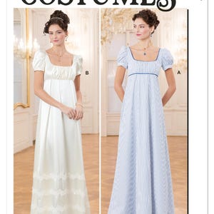 May include: McCall's Costumes pattern featuring two Regency-era dresses. One is white with lace trim, the other is blue and white striped. Both have square necklines and short, puffed sleeves. The pattern number is M8647.