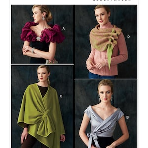 May include: Four different fashion accessory designs, labeled A, B, C, and D.  A is a burgundy ruffled shawl, B is a silver satin top with a bow, C is a green wrap, and D is a pink sweater with a green scarf.