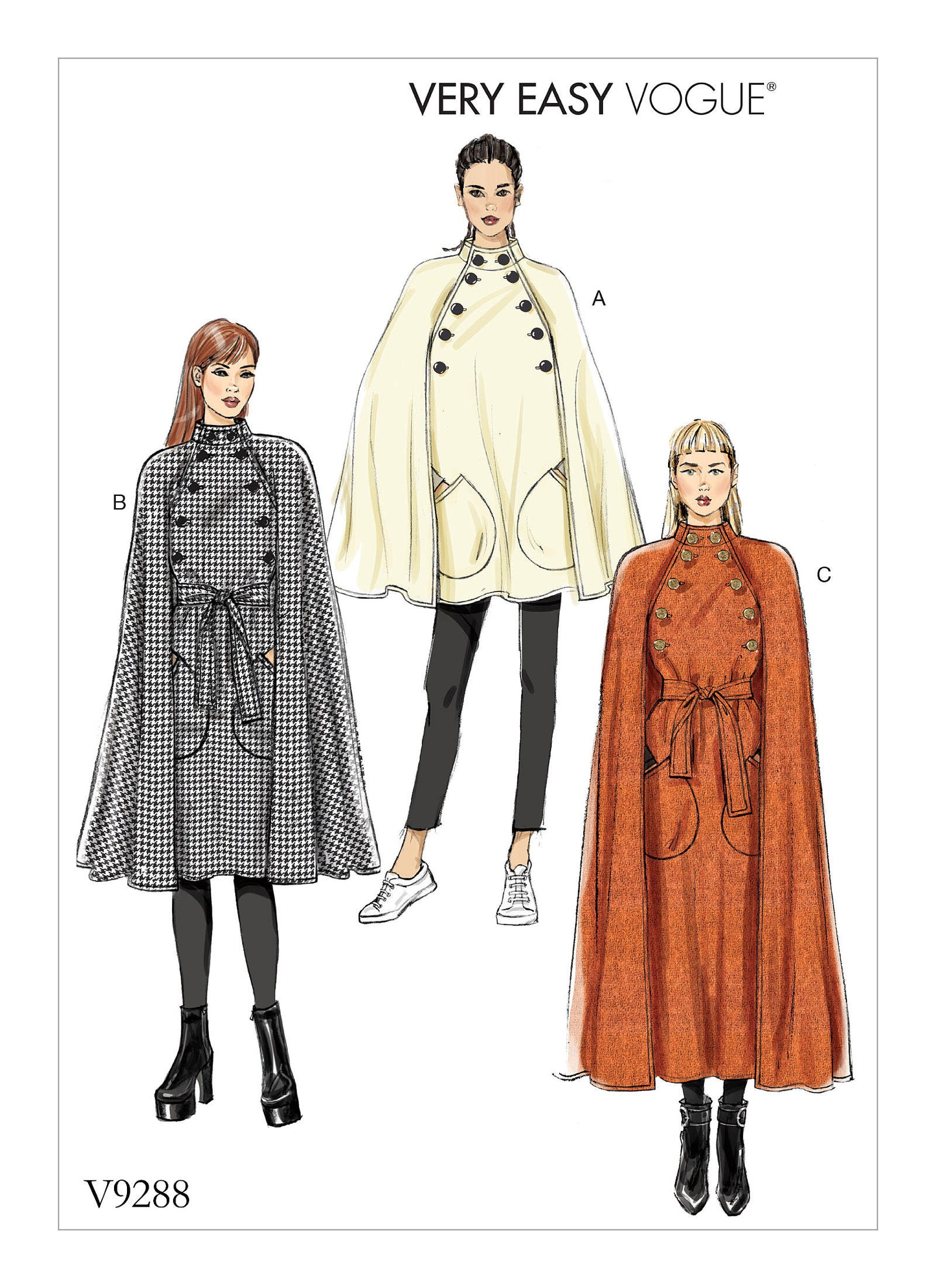 Misses Cape With High Collar, Pockets, and Belt Vogue Sewing
