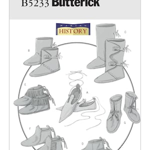 May include: A sewing pattern for making historical footwear. The pattern includes instructions for making six different styles of shoes, including moccasins, boots, and slippers. The pattern is from Butterick and is labeled B5233.