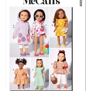 May include: A sewing pattern for making doll clothes. The pattern includes five different outfits: a hooded raincoat, a floral print swimsuit, a yellow sundress, a green dress, and a floral print top with white pants.