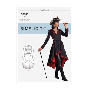 May include: A Simplicity sewing pattern for a costume, featuring a black and red jacket with a high collar and a high-low hemline. The pattern number is S9086 and the size is US 6-14, Euro 32-40, and French 34-42.