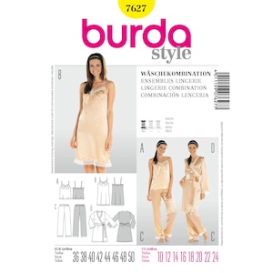 May include: A Burda Style sewing pattern featuring lingerie combinations. The image shows a woman wearing a cream-colored slip dress with lace trim, and other lingerie pieces. The pattern includes sizes 36-50 (EUR) and 10-24 (US).