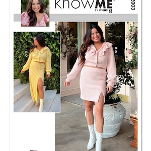 May include: A sewing pattern for a two-piece knit set with a cropped cardigan and a skirt. The pattern is called "know.ME" by mimig and is available in sizes B, C, and D. The pattern is designed and printed in the USA.