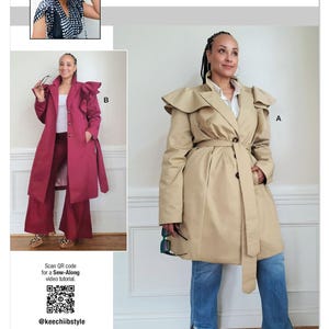 May include: A sewing pattern package featuring two coat designs. The package includes a tan trench coat with a belt and a burgundy coat with a ruffled shoulder detail. The package also includes the text "KEECHII B STYLE knowME by mimi g" and the pattern number ME2151.