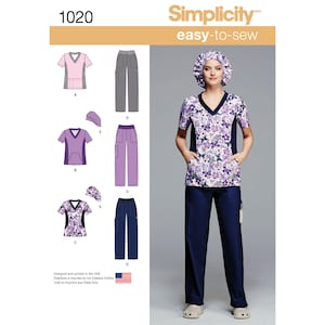 May include: A sewing pattern for scrubs, including a top and pants, with a floral print and a solid color option. The pattern also includes a hat. The pattern number is 1020 and the text "Simplicity easy-to-sew" is printed on the page.