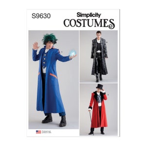 May include: Simplicity Costumes pattern S9630 features three costume designs. One design is a long blue coat with orange trim, another is a black coat with a textured pattern, and the third is a red coat with black fur trim. The pattern is designed and printed in the USA.